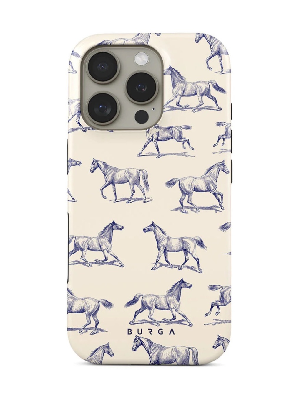Burga Cream iPhone Case with Blue Horse Pattern